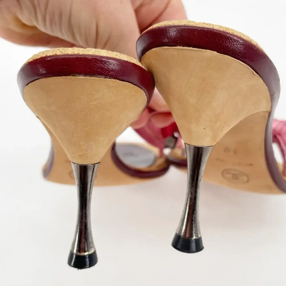 Chanel Vintage Pink Double Strap Satin Bow Cork Sole Slide Sandal Heels EU 38